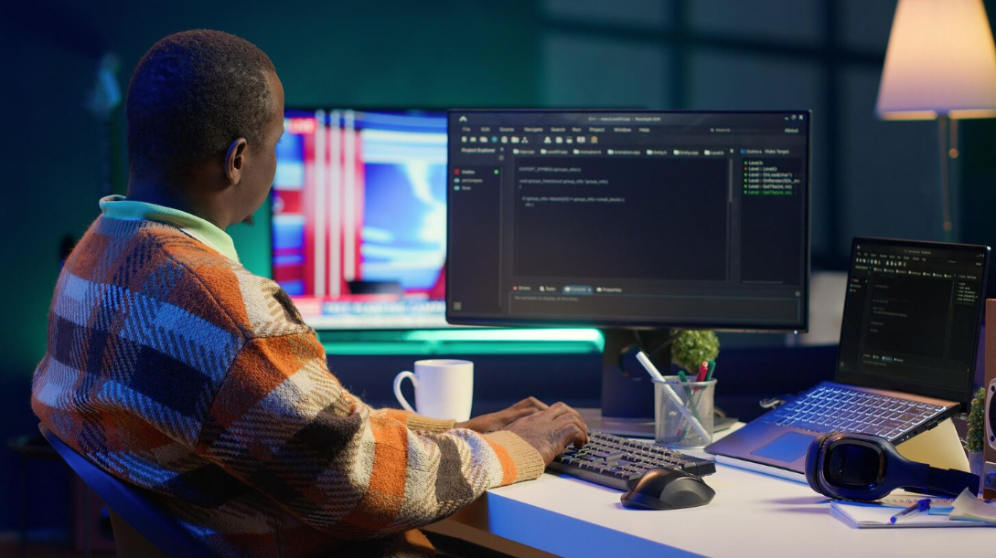 Web developer workstation with code on screen